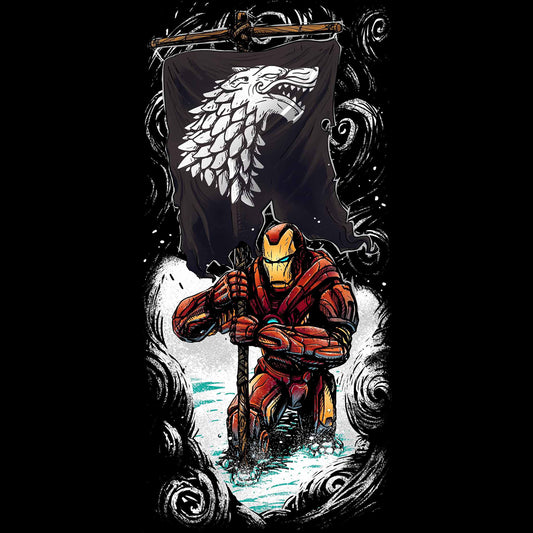 Ironman in a red and gold suit holding a banner with a white House Stark emblem on a dark background