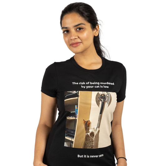 "Mrs. Cake, Noted Feline Ax Murderess" T-Shirt