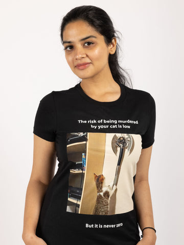 "Mrs. Cake, Noted Feline Ax Murderess" T-Shirt