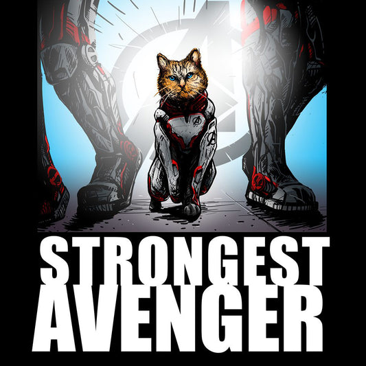 Cat in Avengers superhero costume with 'Strongest Avenger' text